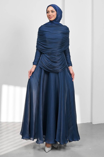 İmajButik Rochie de seară drapată, tip pelerină, albastru marin