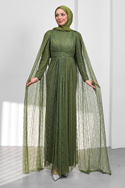 İmajButik Βραδινό φόρεμα χακί με κάπα στους ώμους ντραπέ Με γκιπούρ δαντέλα