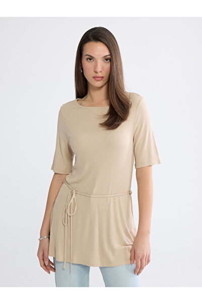 LC Waikiki Beige Crew Neck Blouse with Tie Detail