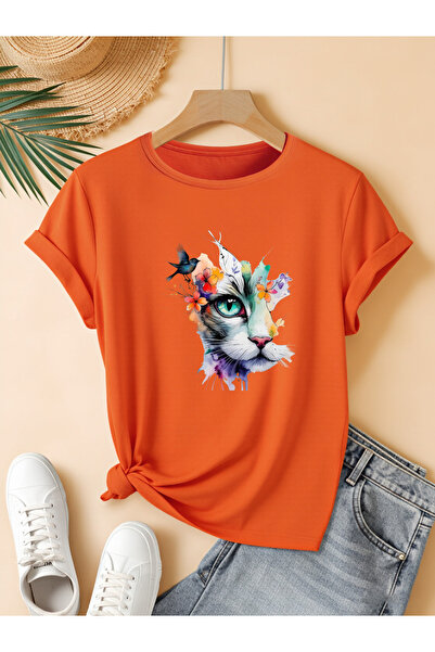 mercoledi Γυναικείο μπλουζάκι Cat Flower Butterfly με τύπωμα με λαιμόκοψη Reg...