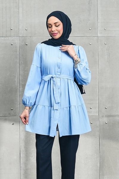 İmajButik Baby Blue Elastic Sleeve Layered Skirt Tunic