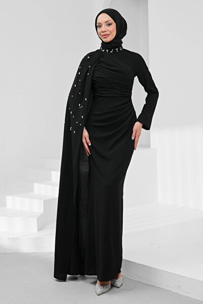 İmajButik Rochie de seară cu pelerină brodată cu piatră neagră