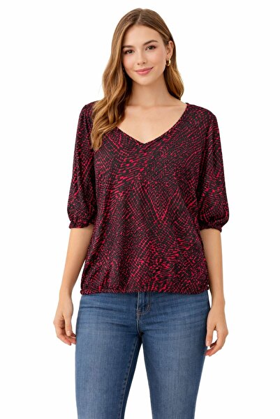 WOMEN Bluză damă cu imprimeu animal print roșu și negru