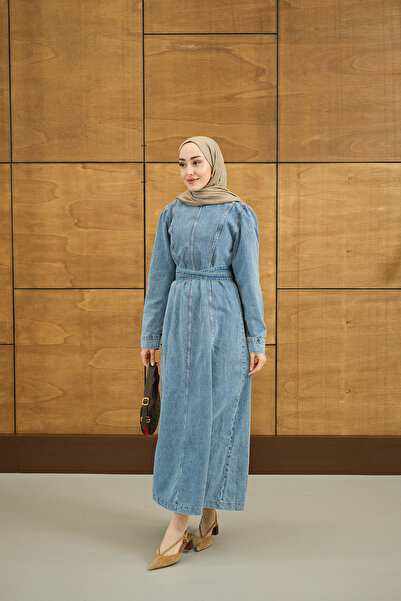 LOCCO Women's Stitching Detail Denim Dress Ice Blue