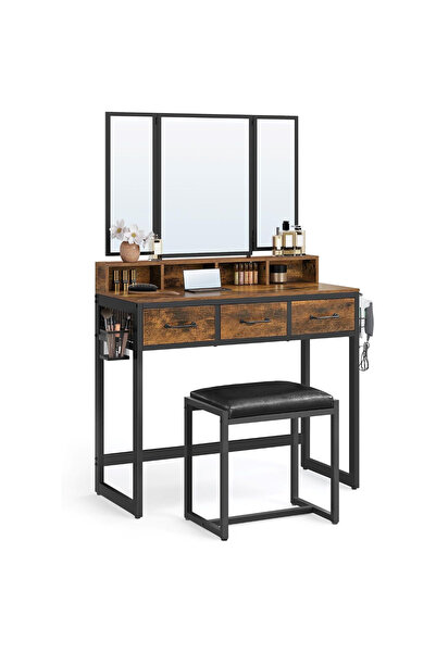 VASAGLE Masă de toaletă cu oglindă triplă și taburet, 3 sertare, 40x90x141 cm...