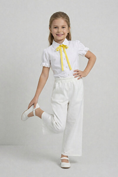 nacar çarşı Pantaloni albi cu picior larg pentru fete, cu fundă galbenă, pach...