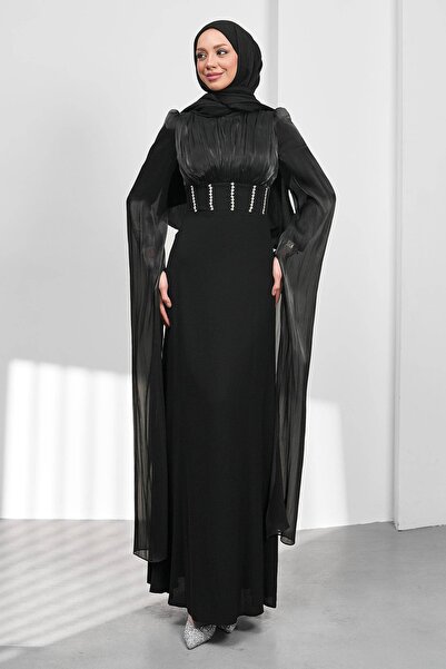 İmajButik Black Sleeve Detail Fish Model Stone Evening Dress