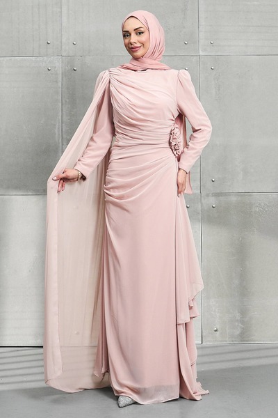 İmajButik Powder Cape Rose Detailed Chiffon Evening Dress