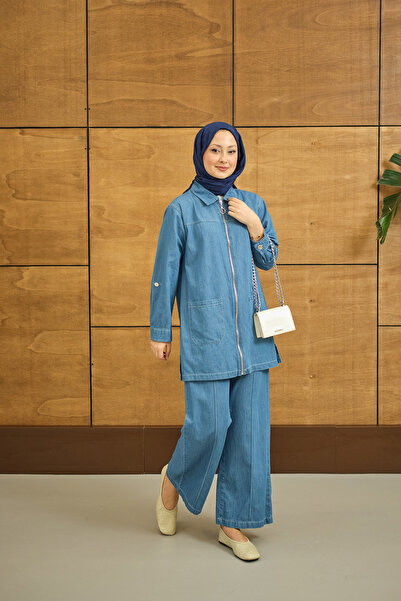 LOCCO Women's Shirt Collar Zipper Suit Blue