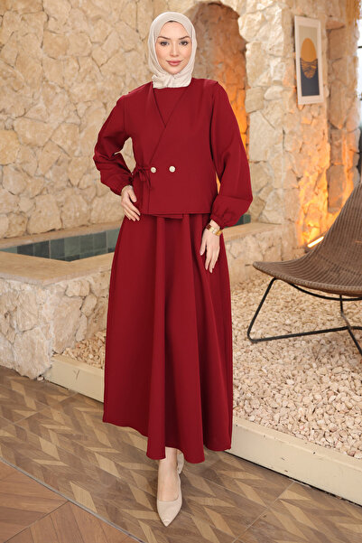 İmajButik Burgundy Yan Tie-Detail Vest Combination Dress