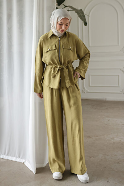 İmajButik Oil Green Bel Tie-Detail Jacket and Trousers Set
