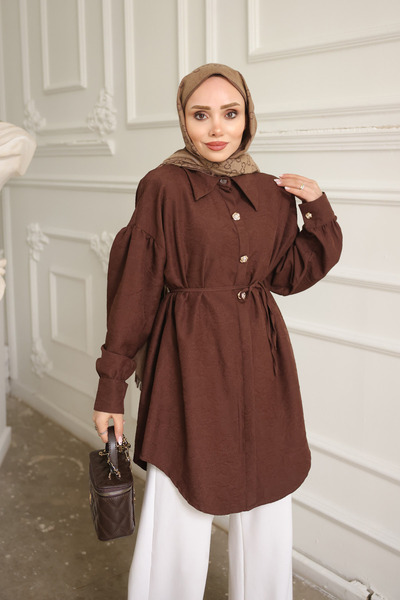 İmajButik Brown Self-Detailed Shirt with Patterned Strands