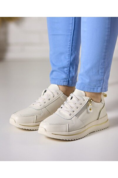 Tellus Women's Beige Genuine Leather Casual Sneakers, Trendy & Comfort, FJ302-3