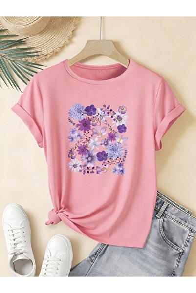 mercoledi Women's Floral Printed Crew Neck Regular Fit Oversized T-Shirt