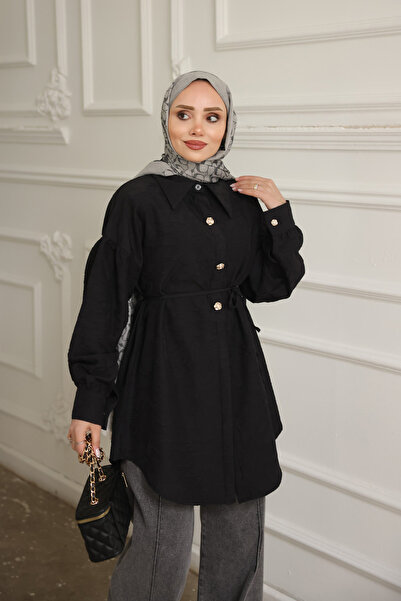İmajButik Black Self-Detailed Shirt with Patterned Strands