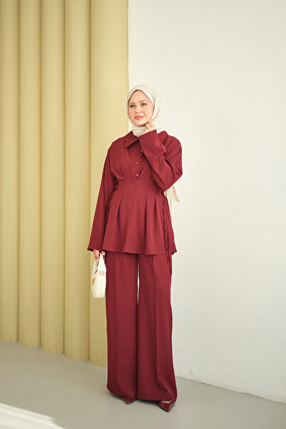 LOCCO طقم نسائي مكون من حزام قطع بلون أحمر داكن