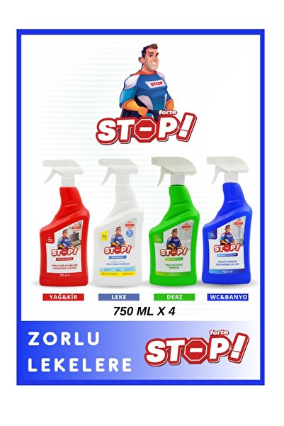 STOP Forte Zorlu Leke Seti 4 x 750 ML Derz,Yağ,Kir,Pas,Tuvalet,Banyo Temizleyici