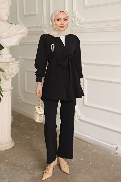 İmajButik Black Collared Tunic with Bronched Detail and Trousers Set