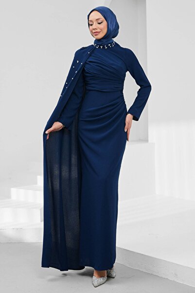 İmajButik Navy Blue Stone Embellished Cape Evening Dress