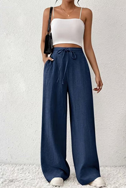 Modayakamoz New Season Women's High Waist Front Tie-Detail Wide Cut Linen Pants