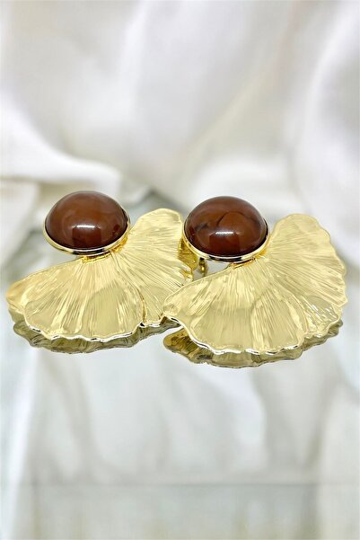 MatmazelLavinya Brown natural stone Textured leaf gold earrings