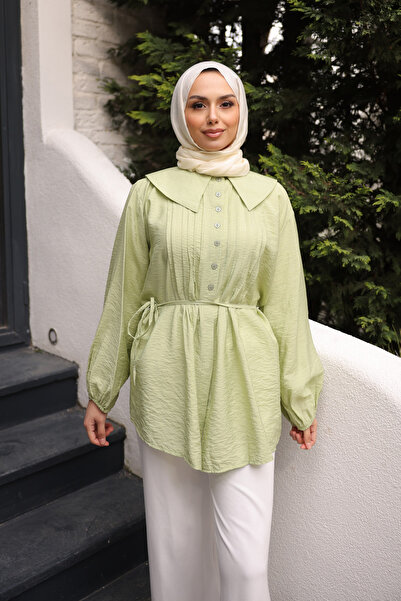 İmajButik Mint Green Peter Pan collar Waist Tie-Detail Shirt