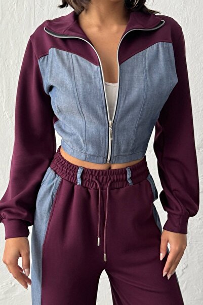 Ded COLLECTION Women's Denim Detailed Paneled Zippered Cropped Double Set