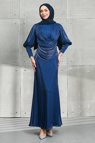 İmajButik Navy Blue Beli Chain Detail Drapeli Janjan Evening Dress