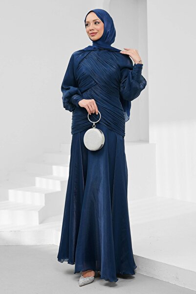 İmajButik Rochie de seară strălucitoare, albastru marin, cu mâneci bufante dr...