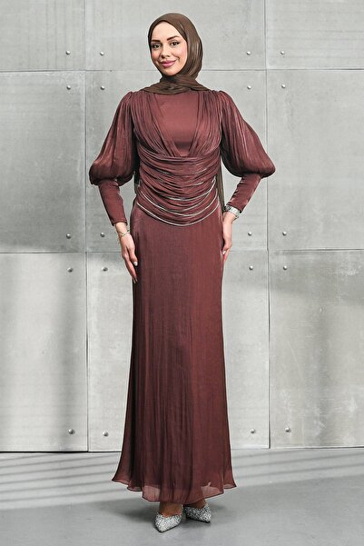 İmajButik Brown Beli Chain Detail Draped Janjan Evening Dress