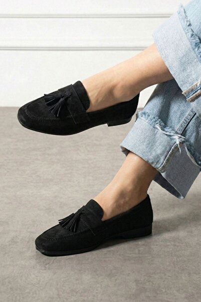 FUGA MODA حذاء سافونا أسود جلد سويدي مزين بشراشيب حذاء لوفر حذاء مسطح حذاء كا...