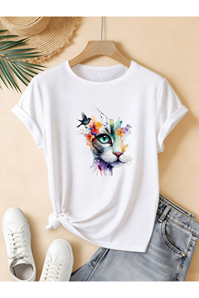 mercoledi Γυναικείο μπλουζάκι Cat Flower Butterfly με τύπωμα με λαιμόκοψη Reg...