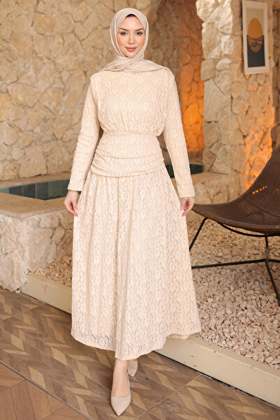 İmajButik Beige Guipure Lace Waist Detailed Dress