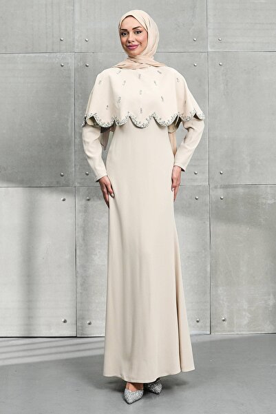 İmajButik Beige Stoned Fish Model Evening Dress with Cape