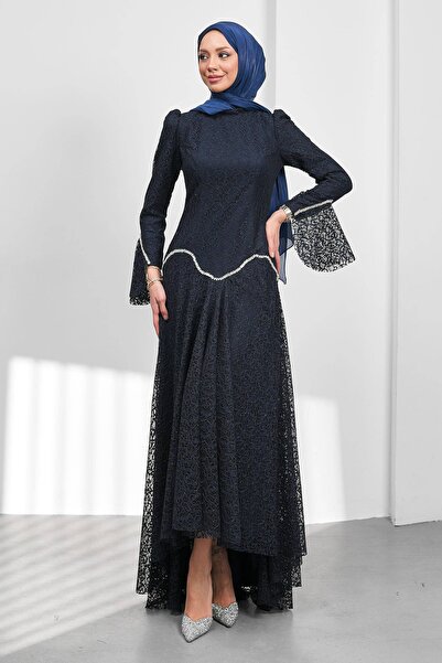 İmajButik Navy Blue Guipure Lace Lined Stone Evening Dress