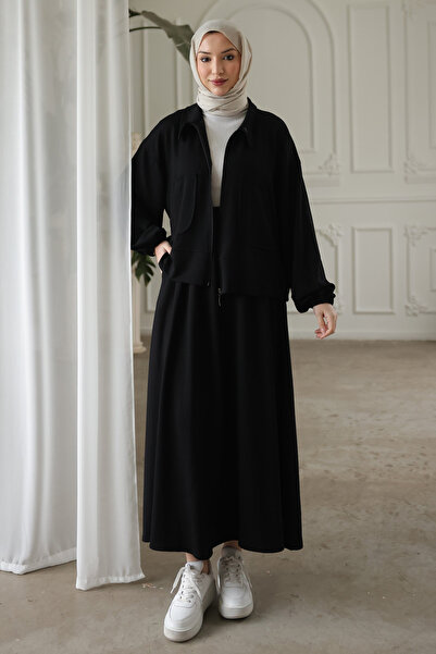 İmajButik modal seturi cu fustă cardigan neagră cu fermoar