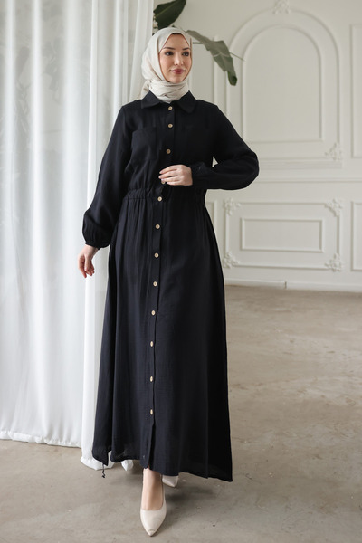 İmajButik Black Buttoned Double Dress with Elastic Sleeves and Waist Pocketed
