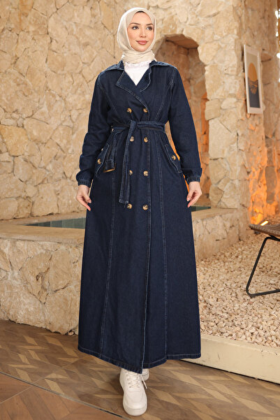 İmajButik Navy Blue Kravuze Collar Buttoned Trench Coat