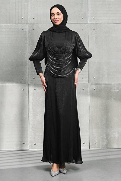 İmajButik Black Beli Chain Detail Draped Janjan Evening Dress