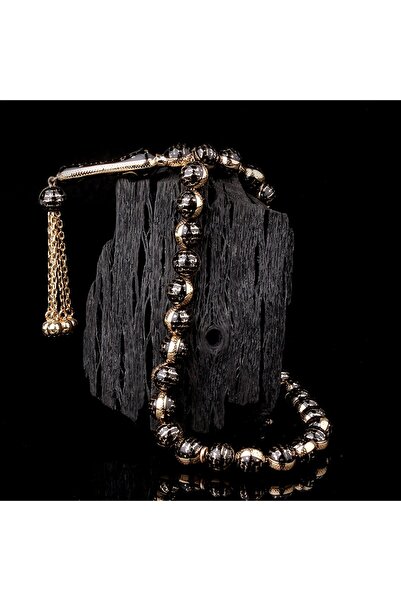 İskender Tesbih Siyah Mineli Hat İşlemeli Altın Tesbih