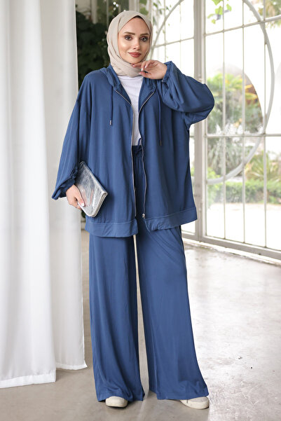 İmajButik Indigo Zippered K Hooded Tunic with Trousers m Modal Set