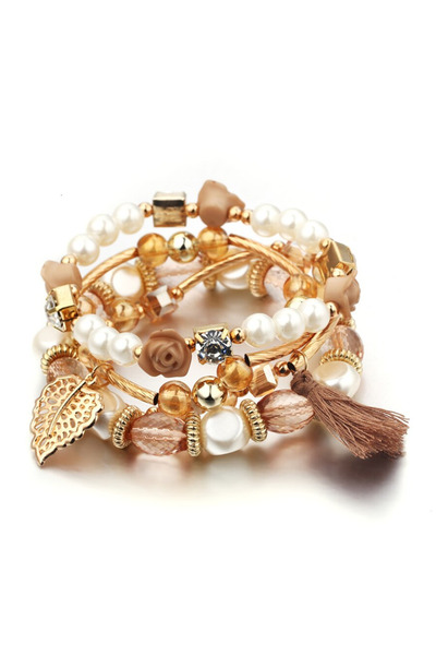 EFAYN.RO Set of 4 women's bracelets, bohemian, beads, roses, leaf, resin, gol...