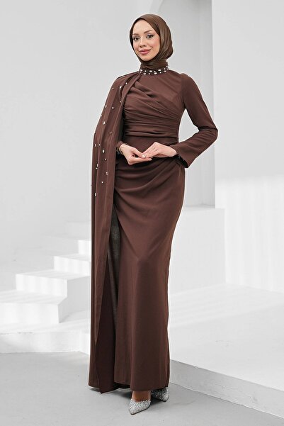 İmajButik Brown Stone Embellished Cape Evening Dress