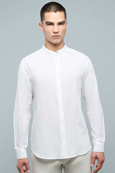 R&B Solid Shirt with Mandarin Collar and Long Sleeves