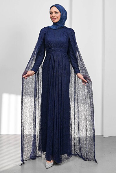 İmajButik Rochie de seară ghipură cu drapaj și pelerină pe umeri, albastru marin