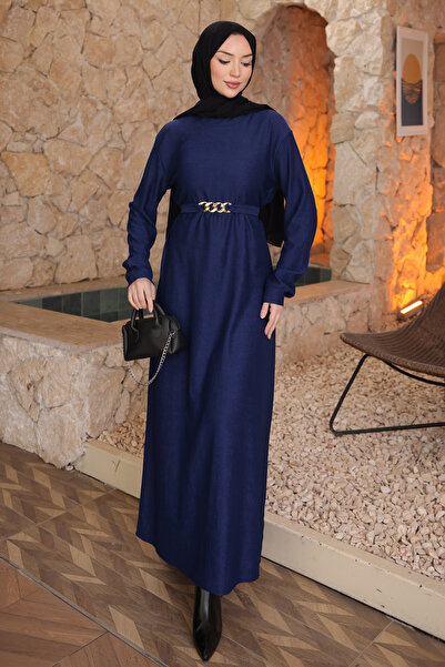 İmajButik Navy Blue Chain Belted Corded Fabric Long Dress