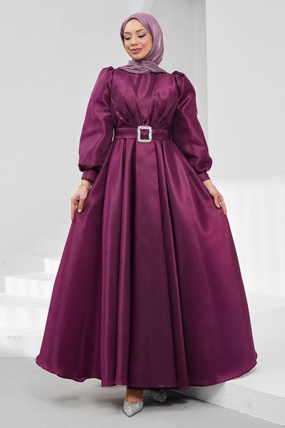 İmajButik Μωβ Βραδινό Φόρεμα με Μανίκια Μπαλόνι ντραπέ