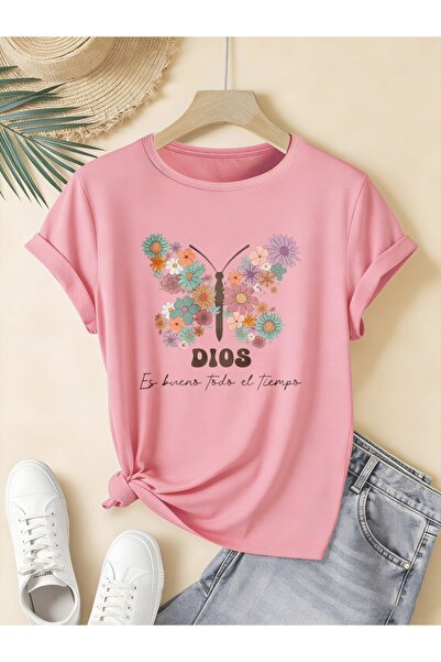 mercoledi Women's Flower Butterfly Printed Crew Neck Regular Fit Oversized T-...