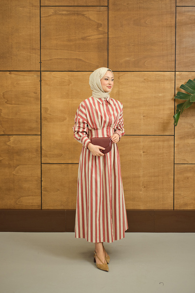 LOCCO Kadın Pile Detaylı Gömlek Elbise Kiremit