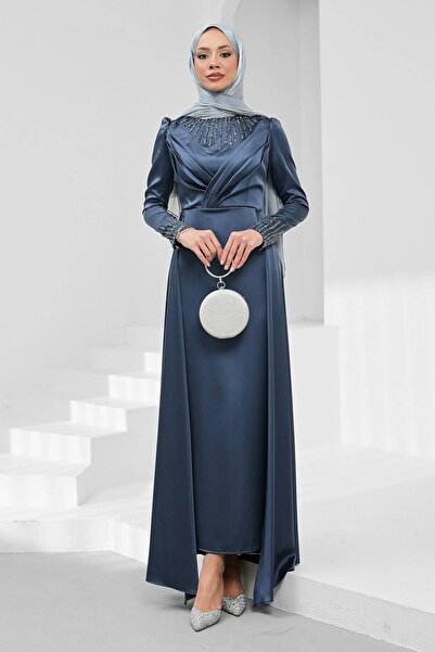 İmajButik Rochie de seară din satin, cu pietre pe față, stil fumuriu